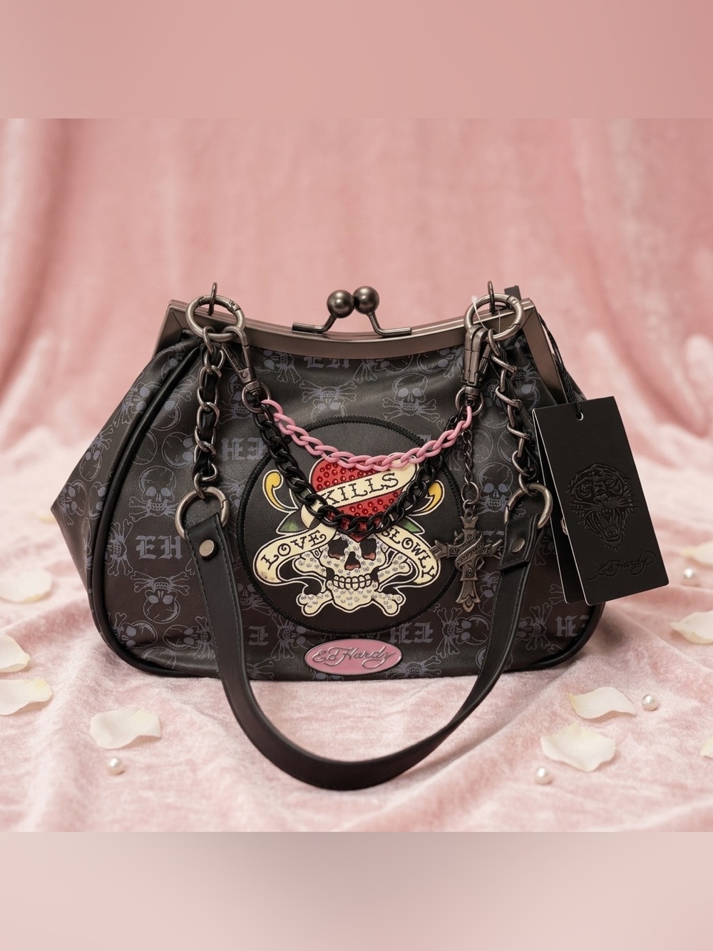 Ed Hardy Black Shoulder Bag with Pink Chain & Heart Charm